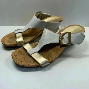 Anne Klein Womens Wedge Sandal White Gold Woven Cork Slip-on Size 6